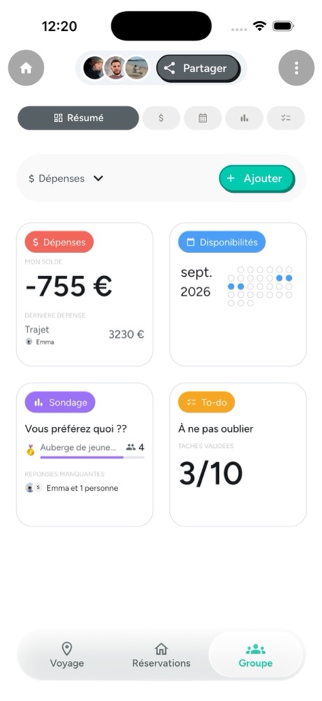 Espace groupe : dépenses, disponibilités, sondage et to-do