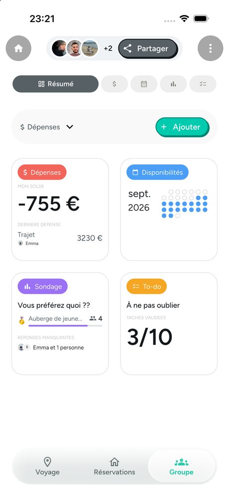 Le groupe : dépenses, disponibilités, sondages et to-do