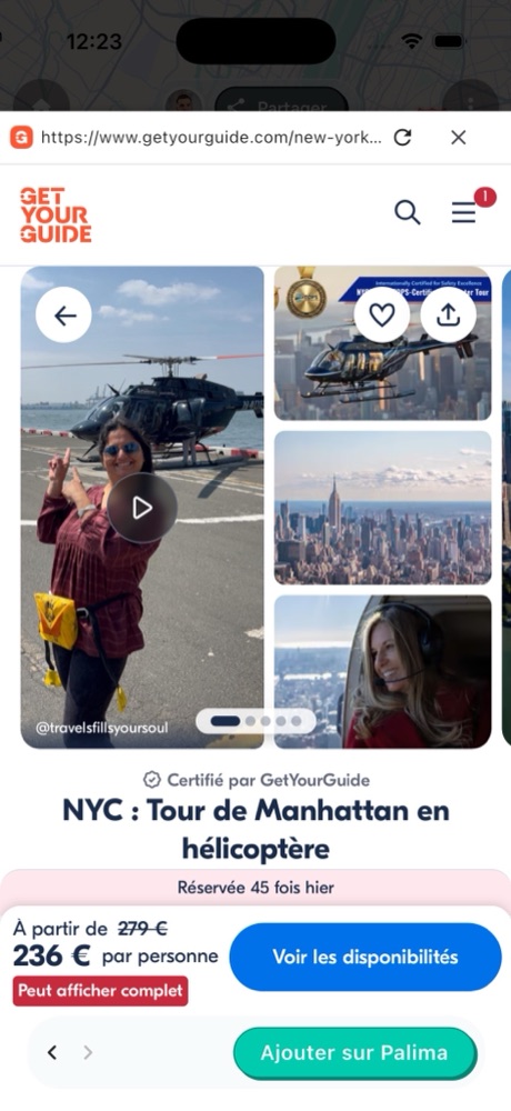 Navigateur intégré : une activité GetYourGuide ajoutée au voyage